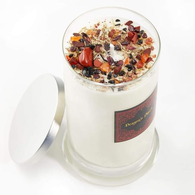 Dragons Blood Candle by New Moon Beginnings - Protection & Grounding - Herb, Flower, & Crystal Candles - Aromatherapy Soy Candle - 21oz Glass Jar