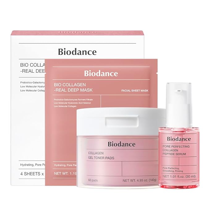 BIODANCE Collagen Pink Glow Trio: Collagen Real Deep Mask & Toner Pads & Peptide Serum for Plumping Hydration, Firming, Korean Skin Care, Gifts for women, Skin Care Set