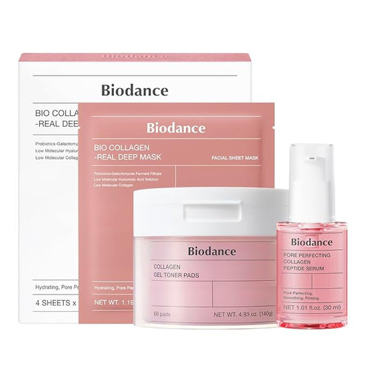 BIODANCE Collagen Pink Glow Trio: Collagen Real Deep Mask & Toner Pads & Peptide Serum for Plumping Hydration, Firming, Korean Skin Care, Gifts for women, Skin Care Set