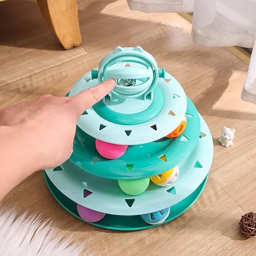 Vealind Cat Toy Roller 4-Level Turntable Cat Toys Balls with 14 Pcs Colorful Pom Pom Balls Interactive Fun Mental Physical Exercise Puzzle Kitten Toys (Green)