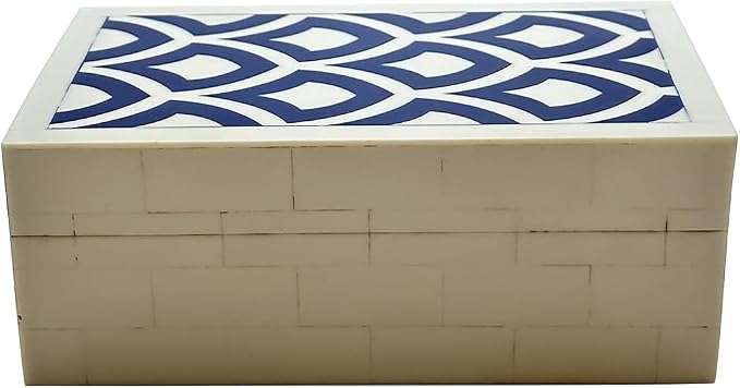 Perilla Home ﻿Home Decor Decorative Storage Wooden Box Small Rectangle Irusu Organizer Tool Stash Card Craft Book Treasure Trinket Memory Keepsake Jewelry Box Gifts For All Blue and Off White