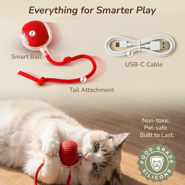 Interactive Cat Toy Automatic Moving Ball, Indoor Cats, Rechargeable, Red