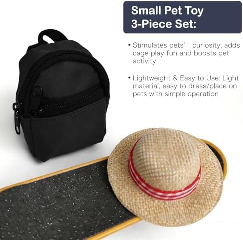 3 Pack Bearded Dragon Toy Set Includes a Bearded Dragon Backpack, an Adjustable hat, and a mini Skateboard Toy, for Small Reptile Pets Such as Lizards, Hamsters, Parrots, and Turtles.（Black）