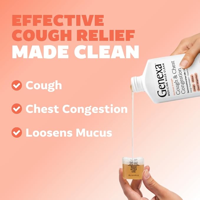 Genexa Clean Cough & Chest Congestion Relief, Dye Free, 0% Artificial Additives, Multi-Symptom Maximum Strength Relief Cough Syrup, Cough Suppressant & Expectorant, Organic Blueberry Flavor, 6 fl oz
