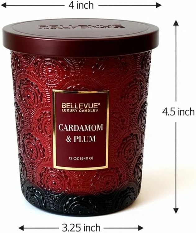 Bellevue Luxury Candles, 12 OZ Soy Blend Candle, Embossed Glass, Fragrances formulated with Essential Oils, Home Fragrances, Scented Candles Gift Set ǀ Scent: Cardamom & Plum