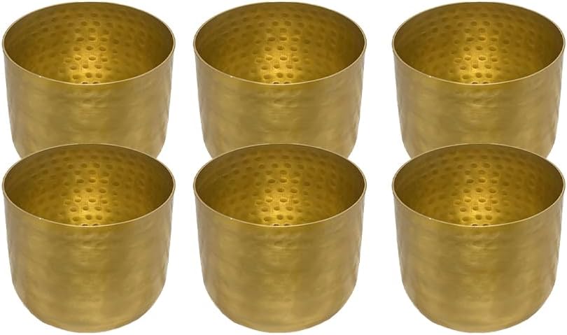 Serene Spaces Living Antique Brass Look Gold Hammered Pots, Indoor Planter Pot, Decorative Accent for Potted Plants, Gold Flower Vase for Wedding, 7" Diameter and 5.25" Tall, Pack of 6