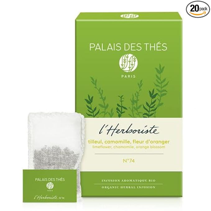 Palais des Thés Caffeine-Free Tea - L'Herboriste N∞74 Organic Calming Herbal Blend with Limeflower, Chamomile & Orange Blossom - Premium Tea Bags, Serves 20 Cups