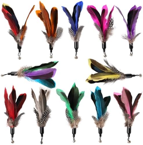 Cat Wand Attachments - Colorful Natural Feather Cat Toy Refills with Bells, Feather Wand Cat Toys for Compatible Teaser Wands (12feather)
