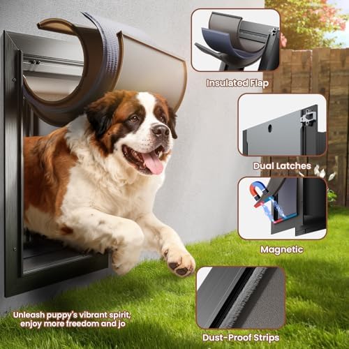 3-Flap Insulated Aluminum Extra Large Dog Door for Wall | Heavy-Duty Telescoping Tunnel, Magnetic Design, Dual Security Locks & Closing Panel, Dustproof, Rustproof, Pets Up to 220 lbs