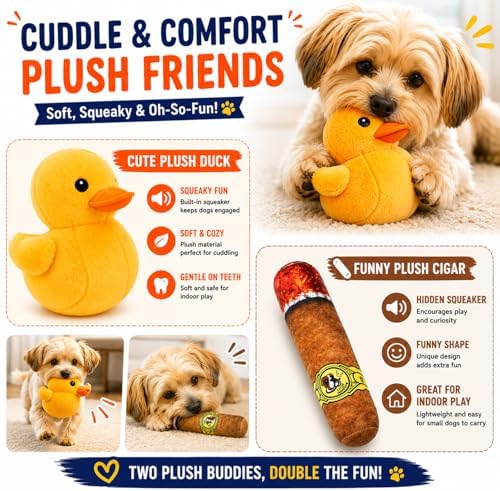 Dog Toys for Small Dogs, 5 Pack Fun Interactive Dog Toy Set with Squeaky Sun Ball, Plush Duck, Funny Plush Cigar, Rope Tug Toy and Waste Bags, Indoor Play Toys for Small Breeds(Orange)