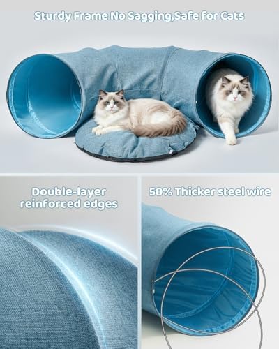 Odoland Linen Cat Tunnels with Central Cat Bed, Interactive Cat Toys Detachable Washable Soft Mat Large Indoor Play Tunnel Cave for Kittens and Small Animals