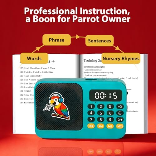 Parrot Talking, Whistling & Singing Training Player – 134 Professional Audio Tracks with Loop Playback &Self-Custom Audio, Includes Training Guide for Beginners & Busy Individuals (Blue)