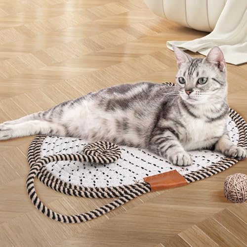 Cat Scratcher Mat Natural Cotton Rope Oval Horizontal Floor Cat Scratch Bed Pad with Ball Toy Protector for Furniture Floor Wall (Brown, 1 PC)