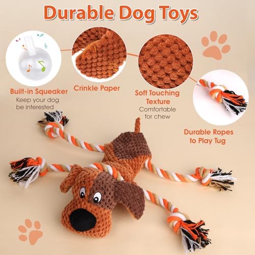 Drmstow Dog Toys for Aggressive Chewers, Squeaky Plush Chew Toy with Crinkle, Interactive Rope Tug of War Toy for Large Dogs to Keep Them Busy