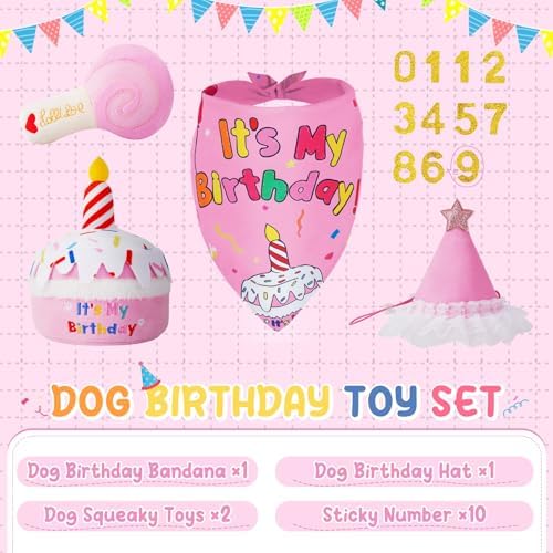 KIPRITII Dog Birthday Supplies with Cake Toys, Bandana & Hat for Small Dog
