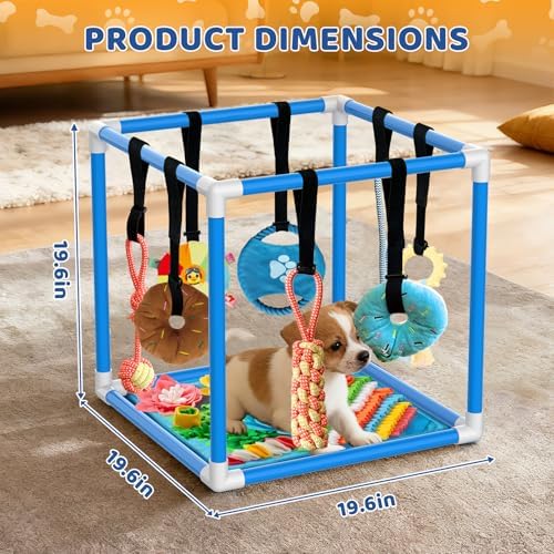 Puppy Play Gym with Snuffle Mat & 8 Toys (Blue,19.6″ x 19.6″ x 19.6″‌)