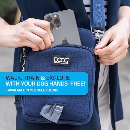 DOOG Neosport Walkie Bag - Lightweight Neoprene Dog Treat Pouch & Crossbody Shoulder Bag with Built-in Poop Bag Dispenser - Hands-Free Everyday Essentials - Navy