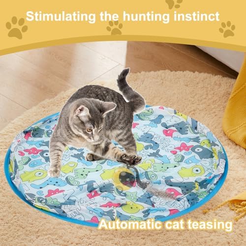 Interactive Remote Control Cat Toy with Sound & Light Locator, Hidden Rolling Ball Under Playmat, Bird Chirp & LED, Touch-Activated, USB Rechargeable Indoor Hunting Toy Blue+Yellow