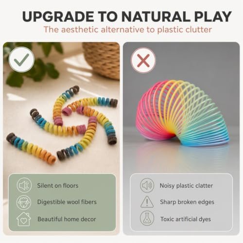Glaciart One Felt Spring Cat Toy – 5 Pcs Soft Fuzzy Enrichment 100% Natural Wool - Interactive Stretchable Play Cat Toy Set - Safe for Pets, Non-AZO Colored Dyes - 30” Long