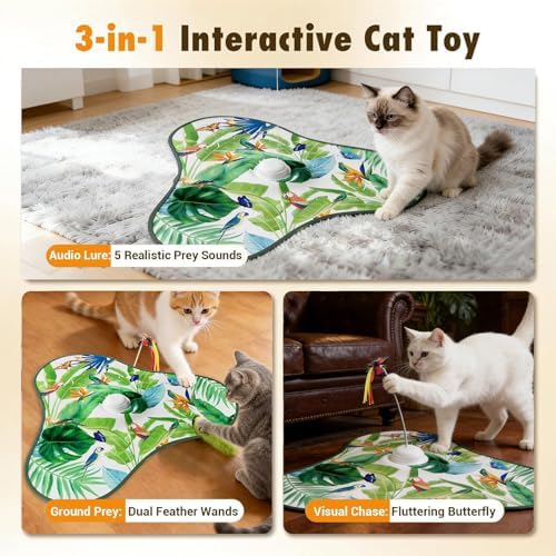 Interactive Cat Toys for Indoor Cats,Hide and Seek Cat Toys with Moving Concealed Wand Feather,Mouse Squeaky,Rechargeable Touch Activated Cat Kitten Toy for Indoor Bored Adult Cats(Green)