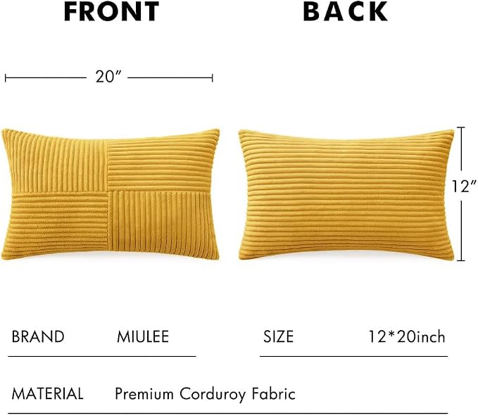 MIULEE Mustard Yellow Decorative Lumbar Throw Pillow Covers 12x20 in 2 Pack | Summer Boho Farmhouse Pillow Covers, Soft Cross Corduroy Patchwork Textured Cushion Cases For Bed Sofa