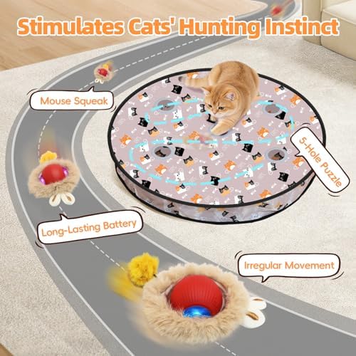 Interactive Cat Toy for Indoor Cats-Hide and Seek Cat Toy with 5-Holes Mat,Automatic Cat Toy Ball with Mouse Squeak in Pouch,Rechargeable Kitten Toy,Motion Activated Ball