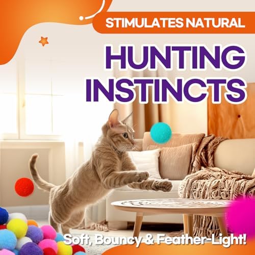 200Pcs Cat Toy Plush Balls - 1.2" Soft Pom Poms in Jar for Indoor Cats