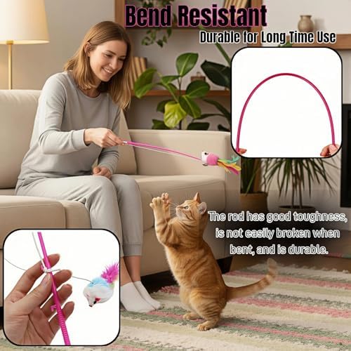 4-Pack Cat Wand Toys with Bells – Interactive Feather Teaser Wands for Indoor Cats & Kittens, Colorful Plush Mouse Lure, 11.8 Inch Fishing Pole Design for Exercise, Hunting & Boredom Relief