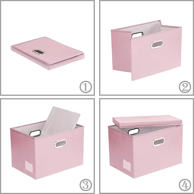 Collapsible Storage Bins with Lids [3-Pack] Leather Fabric Foldable Storage Boxes Organizer Containers Baskets Cube with Cover for Bedroom Closet Office Nursery Pink (14.9x10.8x10)