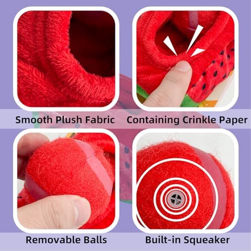Andiker Dog Squeaky Toy with Plush Crinkle Fabric and Puppy Tennis Balls Inside, Cute Fruit Shapes Creative Dogs Chew Toy Interactive Dog Toys for Indoor Dogs Chasing Chewing Entertaining (Red)