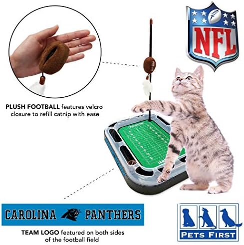 Pets First NFL Carolina Panthers Football Field Cat Scratcher & Plush Football Toy with Catnip & Feather. Interactive Jingle Bell Ball Cat Chasing Toy