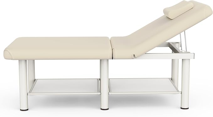 Folding Stationary Massage Table with Backrest and Storage Space for Treatment Table Physical Therapy Table Spa Facial Bed, 6 Round Legs Metal Frame PU Leather, 30.5'' Wide × 75'' Long - Beige Gray
