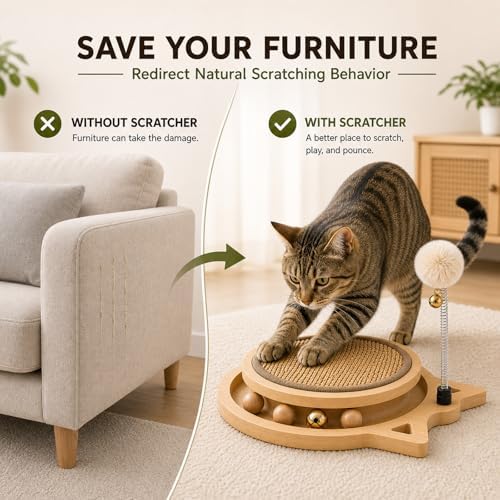 Cat Scratching Board with Sisal, Interactive Cat Toy with Spring Ball