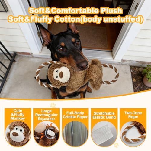15.55 Inch Monkey Squeaky Dog Toy with Crinkle Paper & Rope, Plush Chew Toy for Puppy Teething, Interactive Tug of War Toy for Small Medium Large Dogs