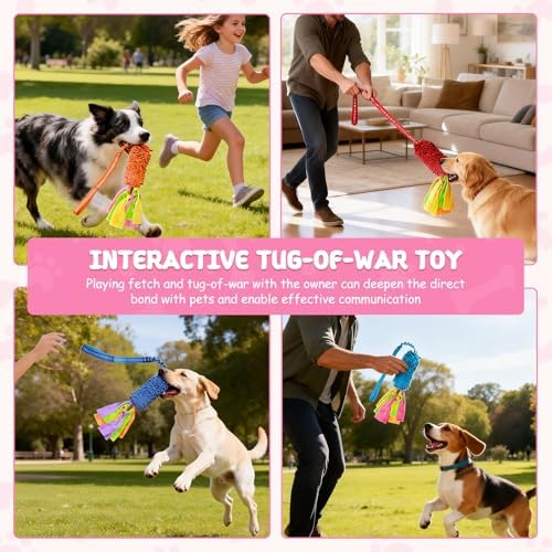 Squeaky Dog Tug Toy, Interactive Tug of War Rope Toys for Small Medium Large Dog, Soft Chenille Chewing Dog Rope Toys for Puppy Training and Play Games