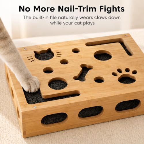 Bamboo Cat Scratch Puzzle Enrichment Box, Interactive Cat Nail File Box with Sandpaper, 3 Bell Balls & Teaser Wand, Durable Eco-Friendly Scratcher Toy for Indoor Cats, Stress-Free Nail Filing