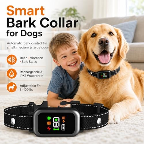 Smart Bark Collar for Large Medium Small Dogs, Anti Barking Device with 6 Training Modes, Exclusive Forced Bark-Stopping, Rechargeable IP67 Waterproof Bark Collar with 7 Sensitivity