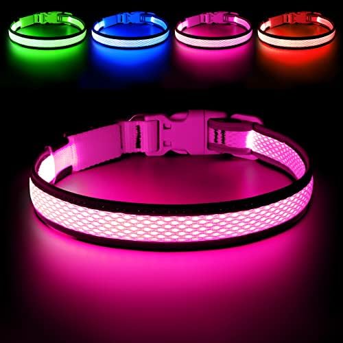 Flashseen LED Dog Collar, Light Up Dog Collar USB Rechargeable, Pink, L