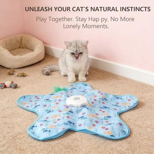 Automatic Interactive Cat Toy Hide and Seek Electric Toy with Feather Wand Bird Sounds Touch Activated USB Rechargeable Play Mat for Indoor Cats Self Play Exercise for Kittens and Cats