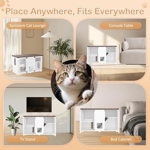 47.25" Large Cat Litter Box Enclosure with LED Light, Hidden Litter Box Furniture, Pet House with Stairs and Pet Scratching Post, Pet Cabinet Side Table with Smart Doors for Living Room, White