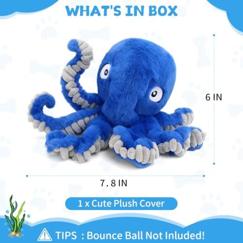 Replacement Plush Cover for Interactive Dog Toy, Soft Dog Squeaky Toy with Crazy Crinkle and Strong Zipper for Small Large Dogs Keep Busy, Washable Plush Cover Without Ball (Blue Octopus)