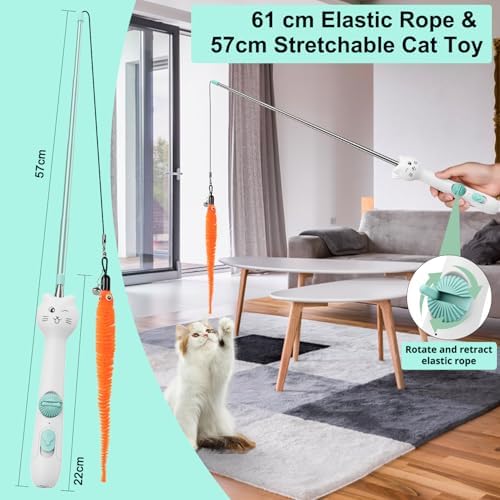 TBTeek Cat Toys Retractable Pole Wand Toy with Feather for Indoor Cats | with Light and 22" Retractable Pole with Feather,Rechargeable,5 Modes, 2in1 Interactive Wand Toy 3 Refills