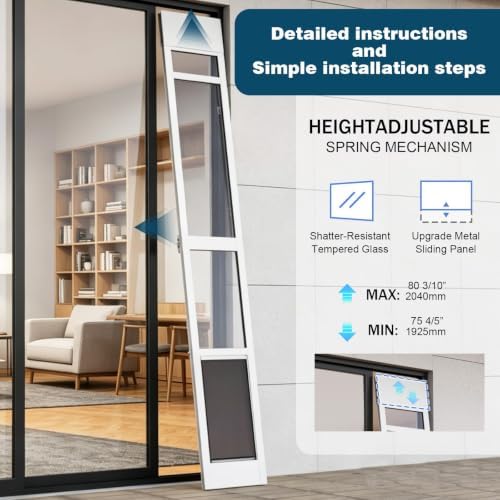 Dog Door for Sliding Glass Door with Screen Design, Adjustable Doggie Door for Large Dogs Up to 200 lbs, Fits Height 75 4/5" to 80 3/10"