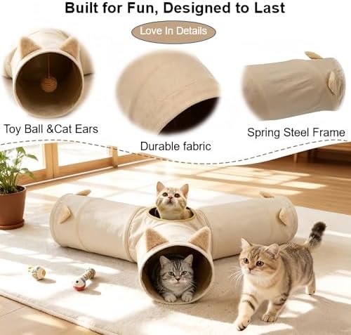 Cat Tunnel 3 Way Collapsible, Cat Ear Design with Crinkle Sound, Indoor Cat Toys Interactive, 4 Peek Holes Pet Play Tube for Cats, Kitten, Puppy, Rabbit, Brown (3-Way Brown Cat Ears)