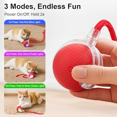 Interactive Automatic Rolling Chase Indoor Cat and Dog Ball Toy | 3 Different Rope Tails Smart Electric Moving Stimulating Rechargeable Self Play Teaser for Boredom Pet, with Rope