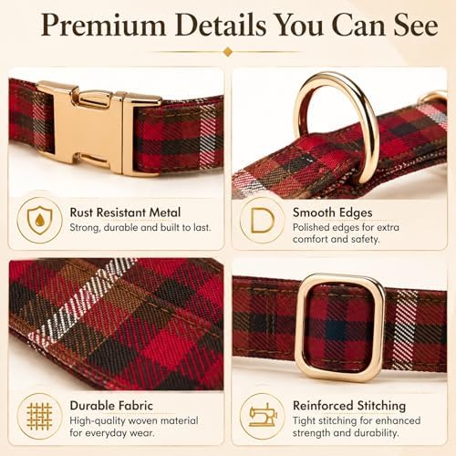 Soft Cotton Dog Collar Classic Plaid Pet Collars with Metal Clasp for Small Dogs with Sensitive Skin, Vintage Red
