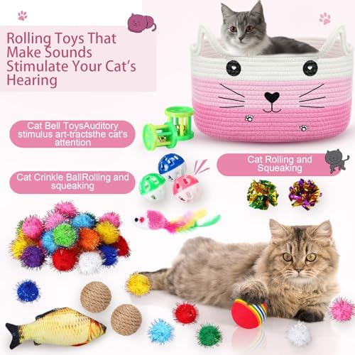 Zopeal 76 Pcs Cat Storage Basket Gift Toys Set, Pink