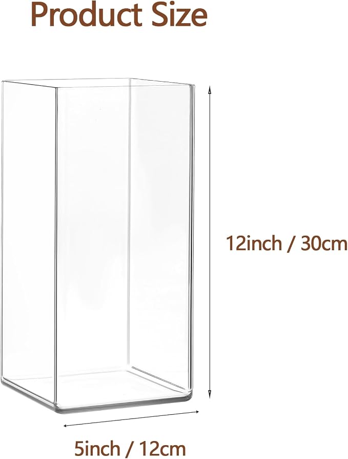 Acrylic Square Flower Vase, Non-breakable Vase, 5" x 5" x 12" Tall Clear Vases for Flower, Large Cube Floral Plant Container, Planter Terrarium for Wedding Party Event, Home Office Decor