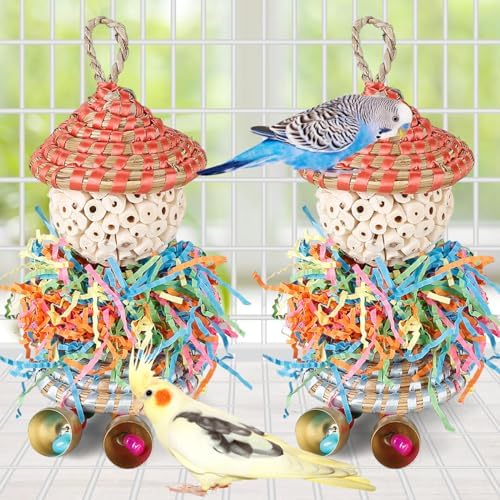 BBjinronjy 2PCS Bird Toys Parrot Foraging Shredder Hanging Toys Sola Balls with Bell for Small Parrots Parakeets Cockatiel Conures Love Birds Budgie Cage Toy