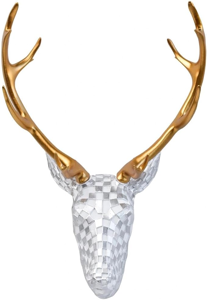 GIGICICI Mosaic Deer Head Wall Decor 15.7x8.7 Inch, Artistic Faux Resin Animal Head Wall Sculpture Hanging for Living Room Bedroom Kitchen Office, White-Silver Gift